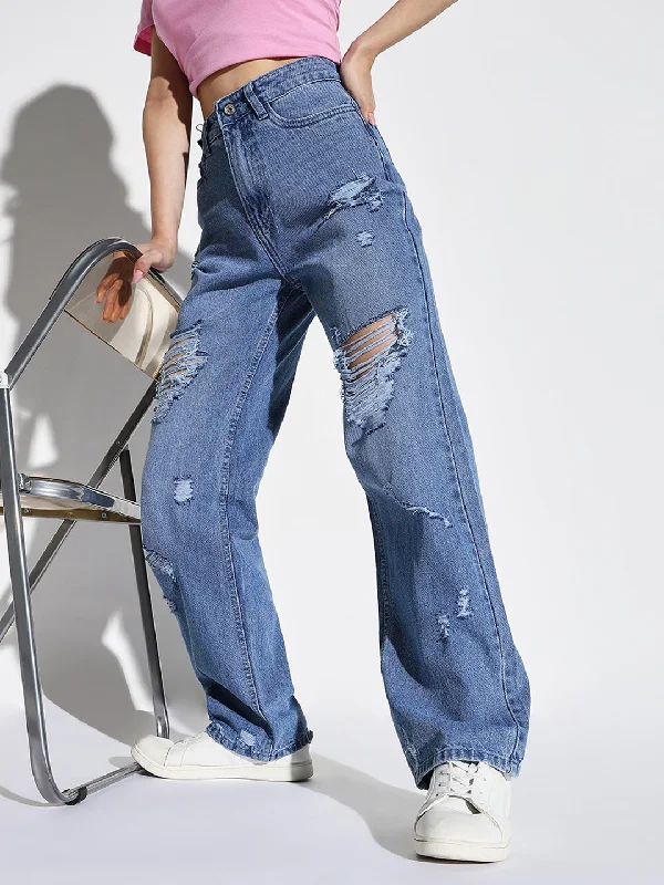 Breathable Comfort Women Blue Wide Leg Jeans