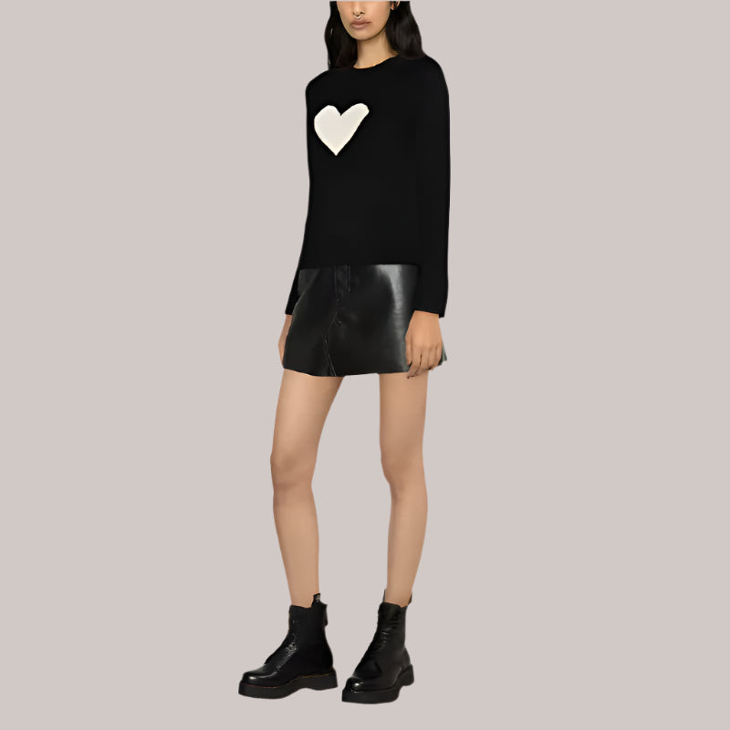 Casual And Casual Women's Black Slim Fit Cashmere Sweater - Long Sleeve Love Pattern Knitwear Pullover, Casual Fashion