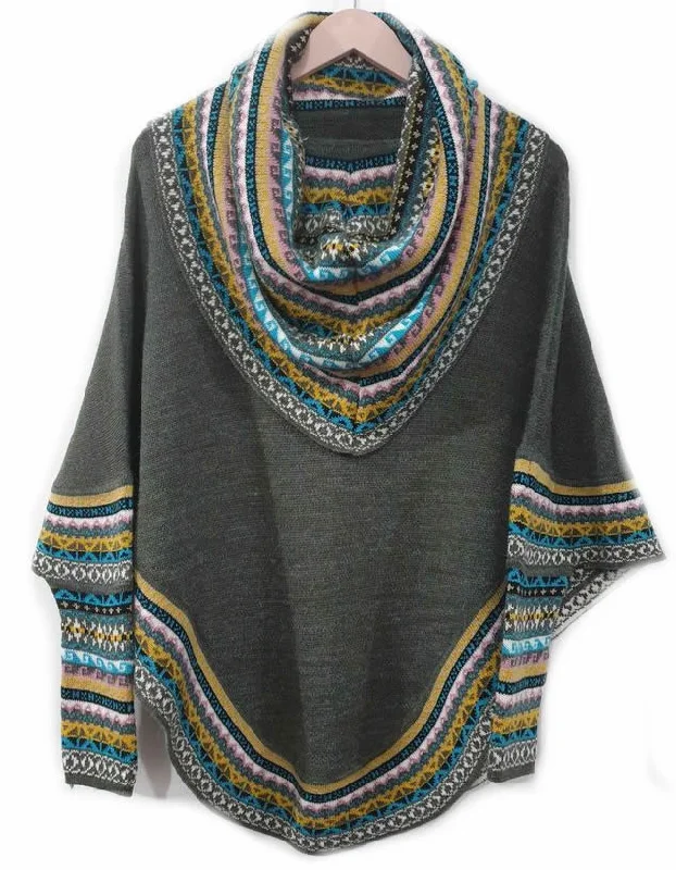 Effortless Elegance Knitted Turtleneck Poncho Cape Dark Gray Superfine Alpaca Wool