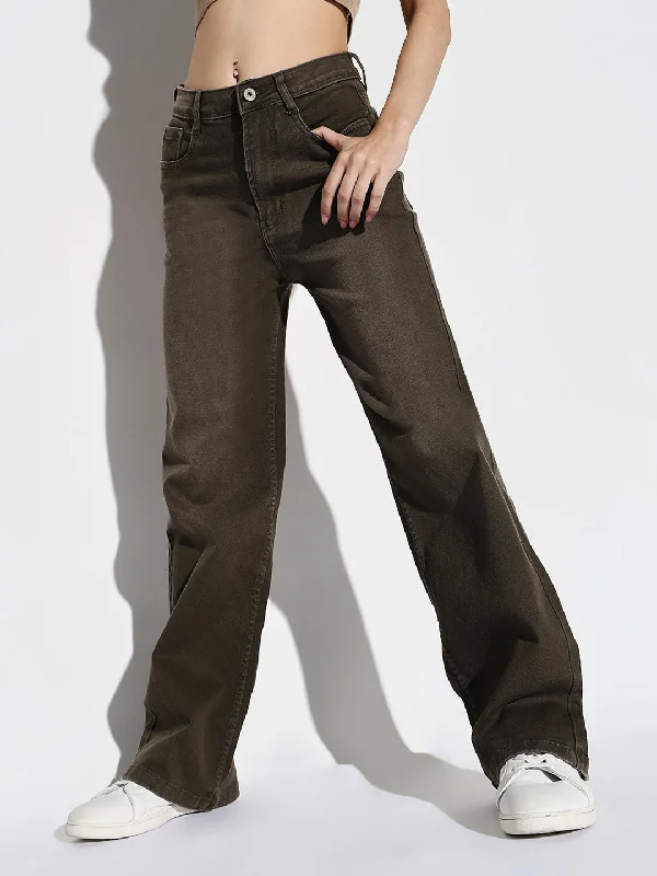 Romantic And Sweet Women Olive Wide Leg Jeans