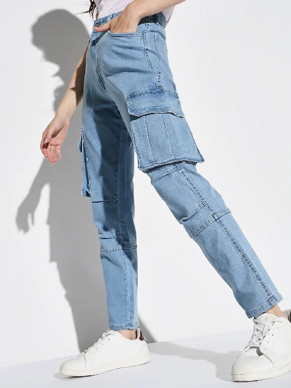 Soft Fashion Women Blue Straight Fit Cargo Jeans