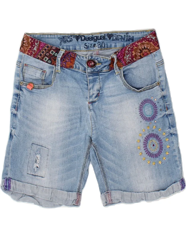Personalized Wear DESIGUAL Womens Denim Shorts W30 Medium Blue Floral Polyester