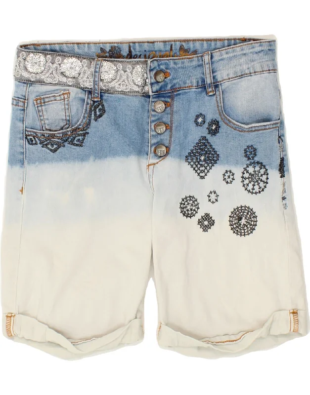 Fashion Trend DESIGUAL Womens Graphic Denim Shorts W29 Medium Blue Colourblock Cotton