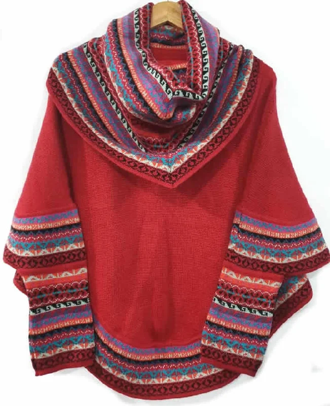 Trendy Casuals Knitted Turtleneck Poncho Cape Red Superfine Alpaca Wool