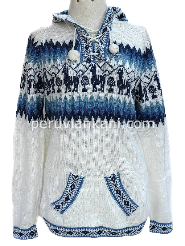 Effortless Dressing Alpaca hooded white / blue - Sweater alpaca