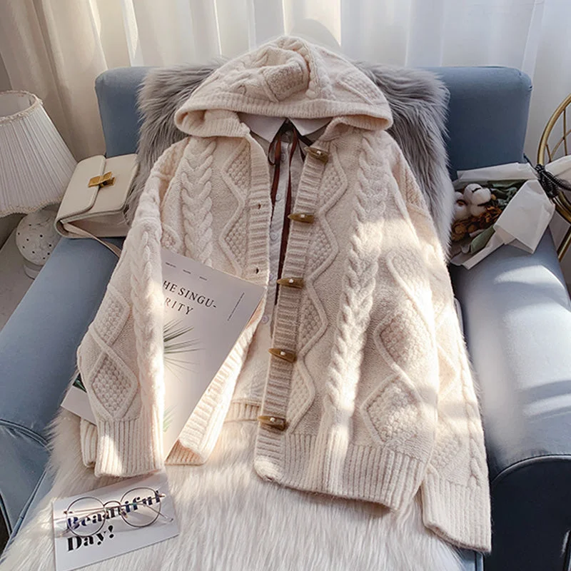 Preview New Products Ox horn button hooded twist sweater coat  4990