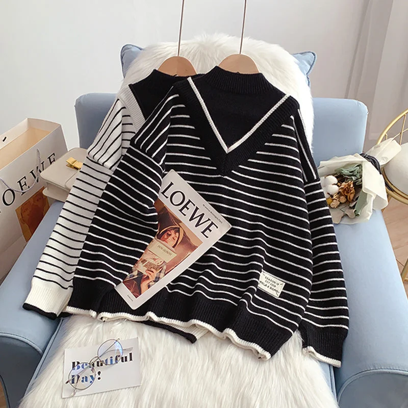 Mid-length Style Half high collar fake two sweaters lazy wind stripe sweater  5013