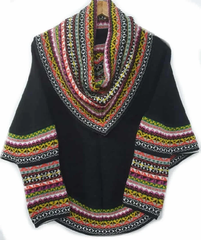 Basic Comfort Knitted Turtleneck Poncho Cape Black Superfine Alpaca Wool