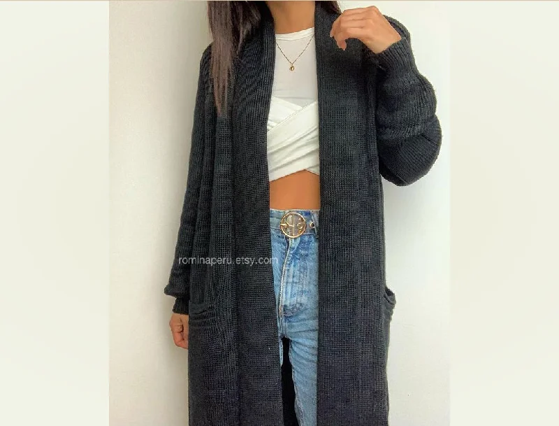 Soft Wear Alpaca Long  Knit Cardigan Sweater Maxi Outwear Handmade BLACK (Robert)