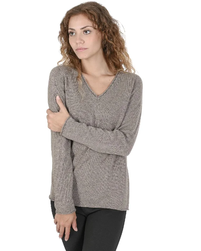 Versatile Wear Crown of Edinburgh Cashmere Women's Premium Cashmere V-Neck Sweater in Taupe - 40 EU