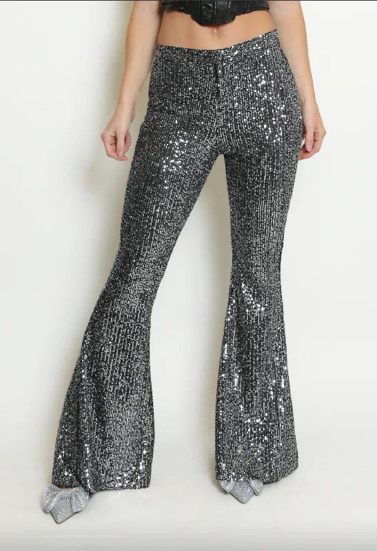 Fresh And Natural Reegan -Silver Sequin High Waisted Flared Trousers