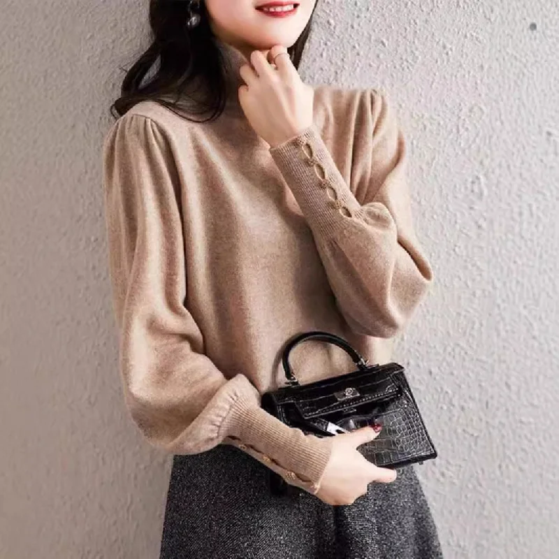 Breathable Comfort French Style Retro Minority Lantern Sleeve Turtleneck Sweater