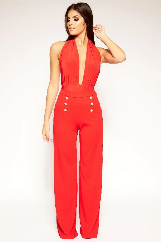 Sports Style Lyndon - Red High Waisted Gold Button Trousers
