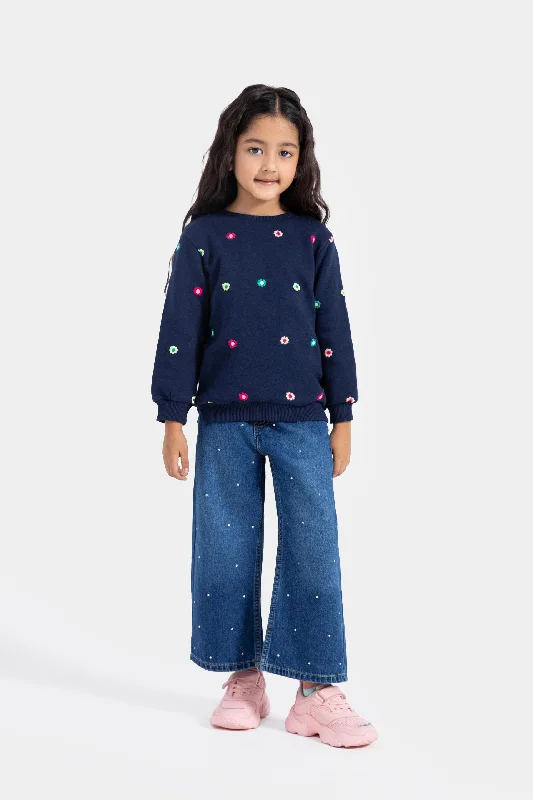 Literary Style Embellished Wide Leg Jeans