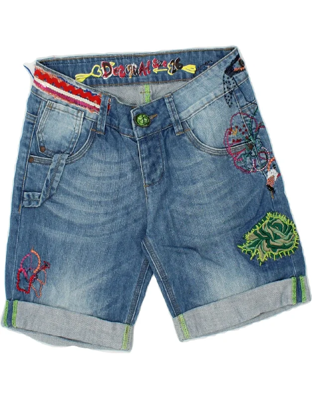 Lace Design DESIGUAL Womens Graphic Denim Shorts W26 Small  Blue Floral Cotton