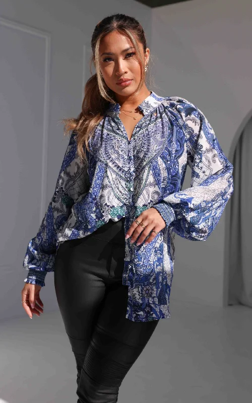 Comfortable And Casual Maysa Gem Embellished Shirt Blouse - Blue White Floral