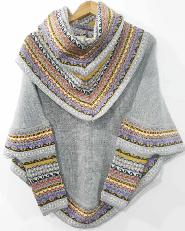 Cozy Dress Knitted Turtleneck Poncho Cape Silver Superfine Alpaca Wool