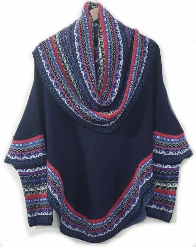 Sporty Elegance Knitted Turtleneck Poncho Cape Blue Superfine Alpaca Wool