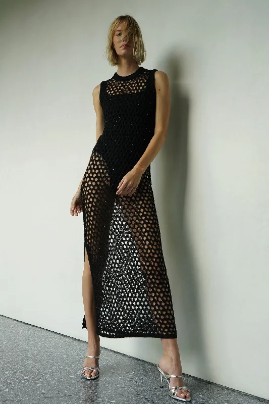 Retro Skirt Design Ry Sparkle Open Knit Sweater Dress - Black Night
