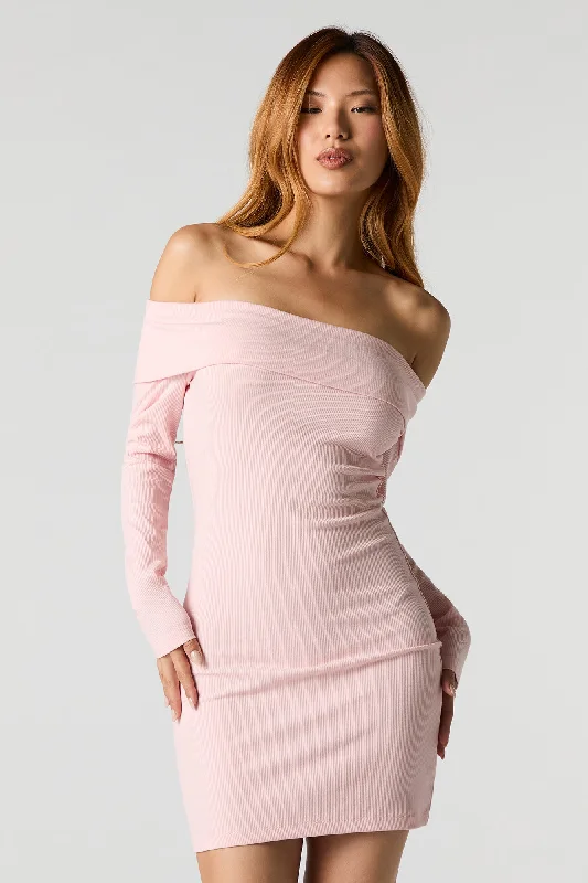 Fresh And Simple Ribbed Off Shoulder Long Sleeve Mini Dress