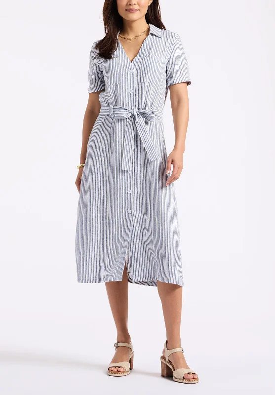 Comfortable Sweaters Carlene Women's Striped Button-Down Midi Dress with Waist Tie, Navy - WD0105P