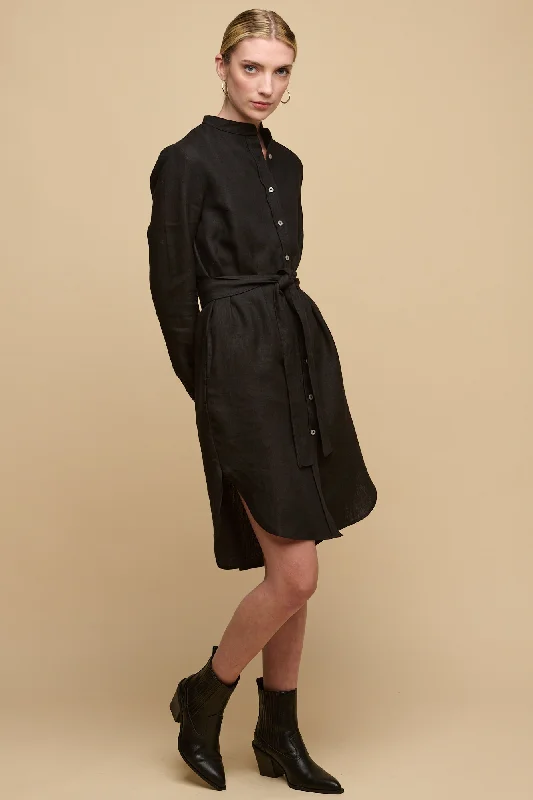 Style Design Women's Collarless Shirt Dress - Black Linen