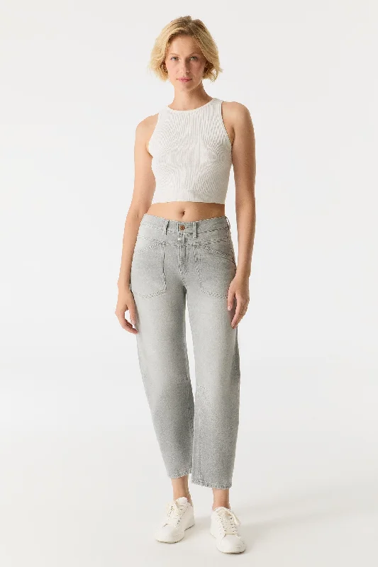 Versatile Comfort Selena Mid Waist Ankle Length Drop Crotch Patch Pocket Jeans Light Grey