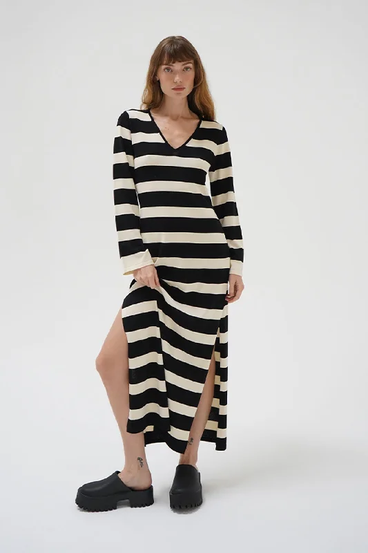 Street Graffiti Design Elin Dress - Ivory and Black Stripe