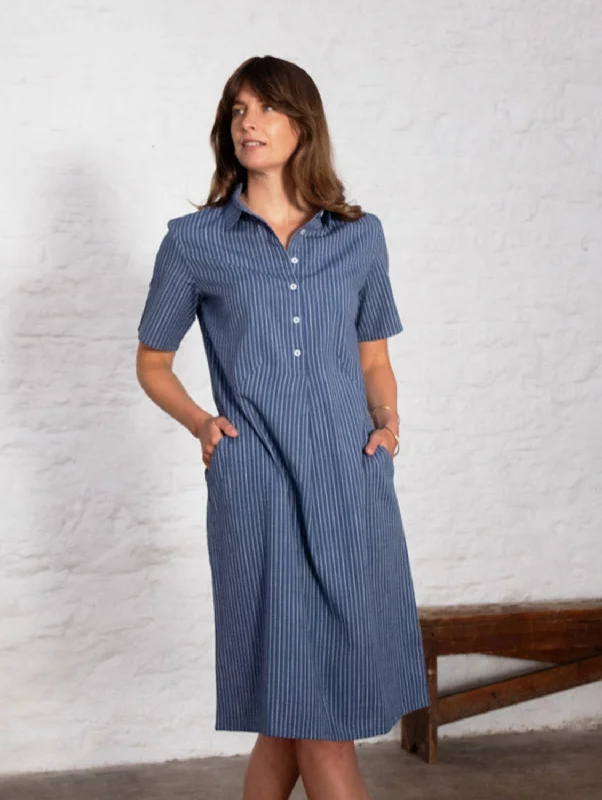 Cozy Outfit Alexa Women's Cotton & Linen Shirt Dress | Blue Stripe