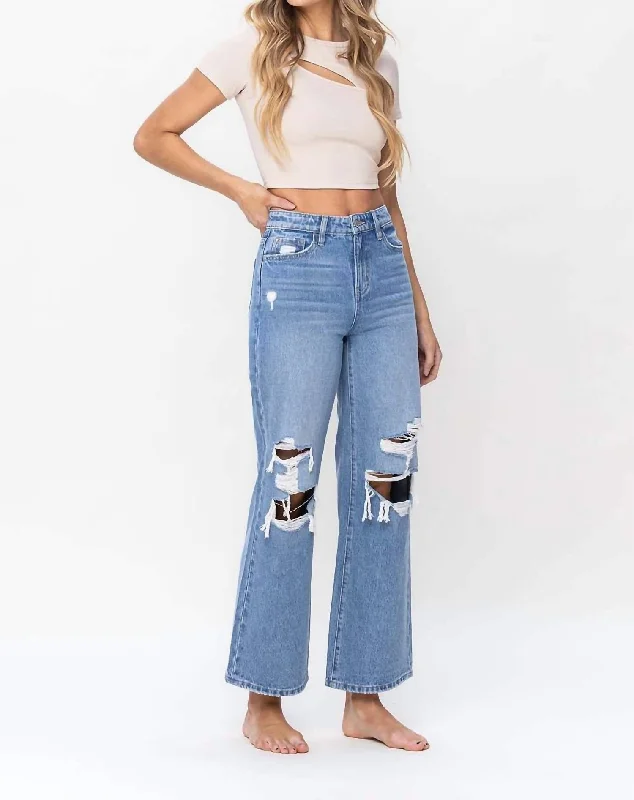 Urban Fashion High Rise Distressed Wide Leg Jeans In Blue Denim
