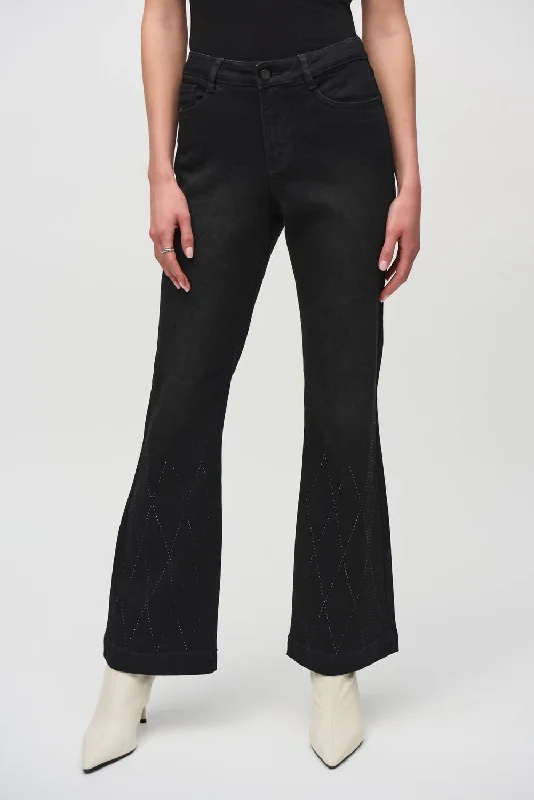 Street Sports Style Classic Flared Denim Pants With Rhinestone Detail In Black
