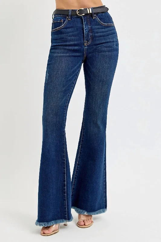 Casual Comfort Tummy Control High Rise Flare Jeans In Dark Wash