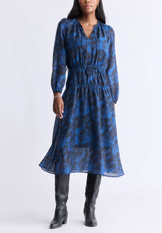 Comfortable Fashion Virlen Women’s Long Sleeve Tie-neck Printed Midi Dress, Navy - WD0062F