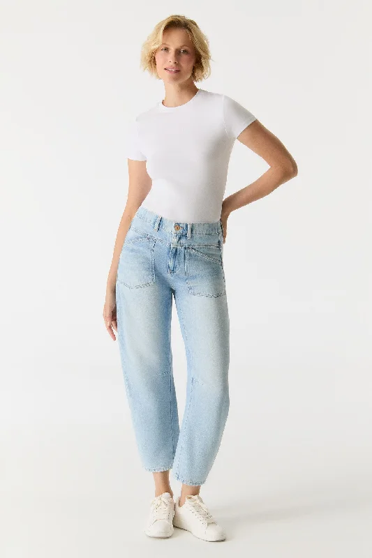 Urban Comfort Selena Mid Waist Ankle Length Drop Crotch Patch Pocket Jeans Light Blue