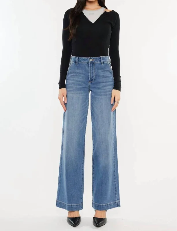 Retro Woolen Jacket High Rise Wide Leg Trouser In Medium Wash