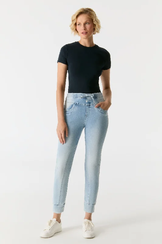 Relaxed Fashion Mila Mid Waist Ankle Length Jogger 5 Pocket Jeans Aqua Blue