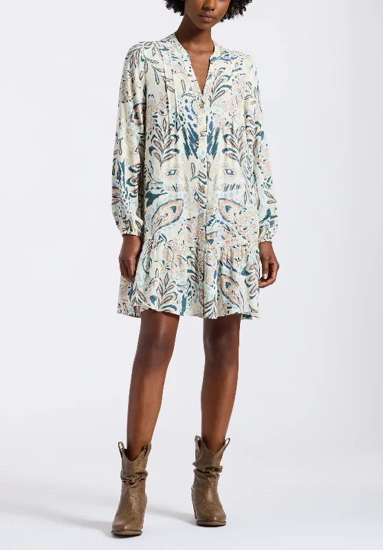 Relaxed Style Darya Women's Boho-Print Long-Sleeve Mini Dress with Button Front and Tiered Hem, Paisley - WD0089P Relaxed Style Darya Women's Boho-Print Long-Sleeve Mini Dress with Button Front and Tiered Hem, Paisley - WD0089P