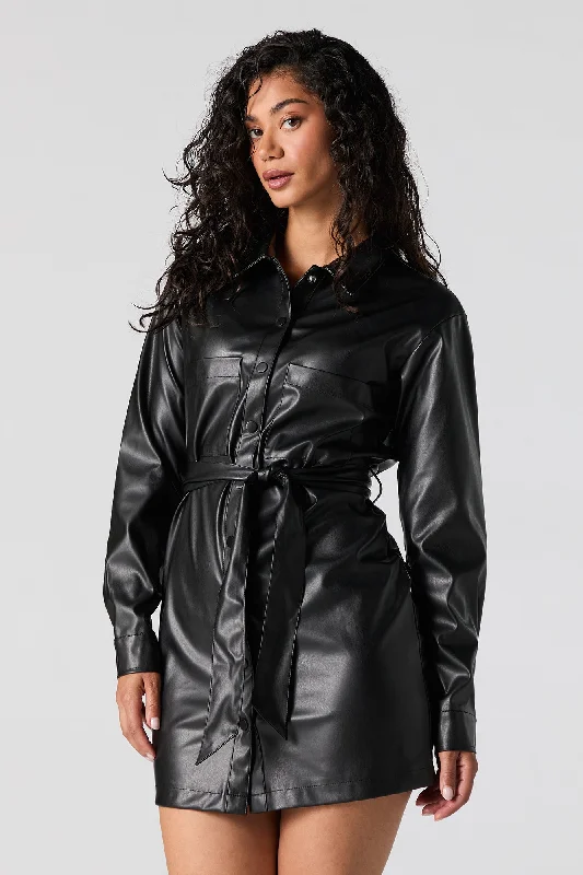 Retro Literary Style Faux Leather Belted Long Sleeve Mini Dress