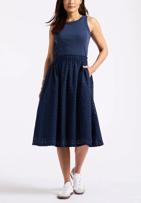 Casual Chic Wear Drea Women's Sleeveless Tank Dress with Eyelet Embroidered Skirt, Navy - WD0067P