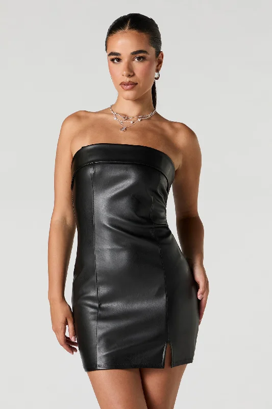 Street Sports Style Faux Leather Strapless Mini Dress