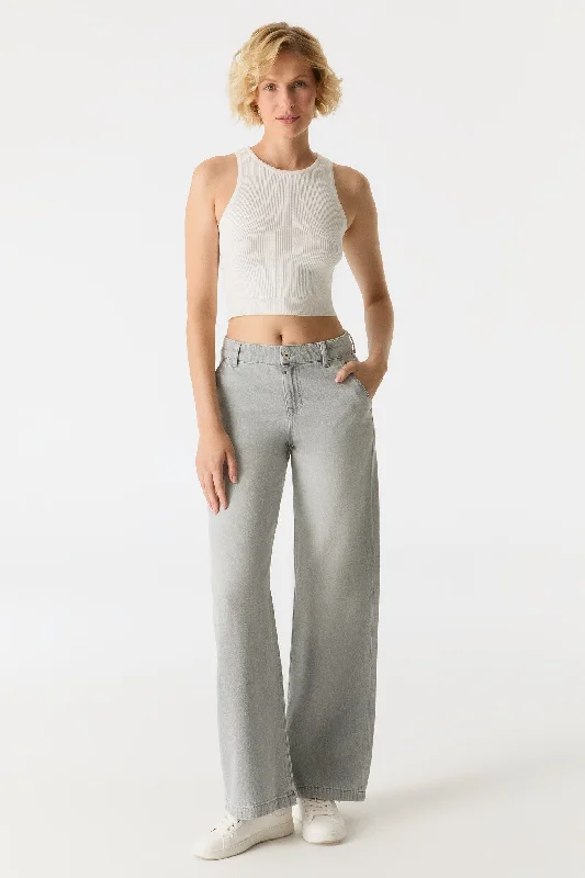 Retro Lace Fabric Maxine Low Waist Full Length Drop Crotch Chino Jeans Light Grey