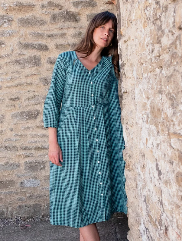 Retro Stripes Jane Women's Cotton Midi Dress | Duck Egg Gingham