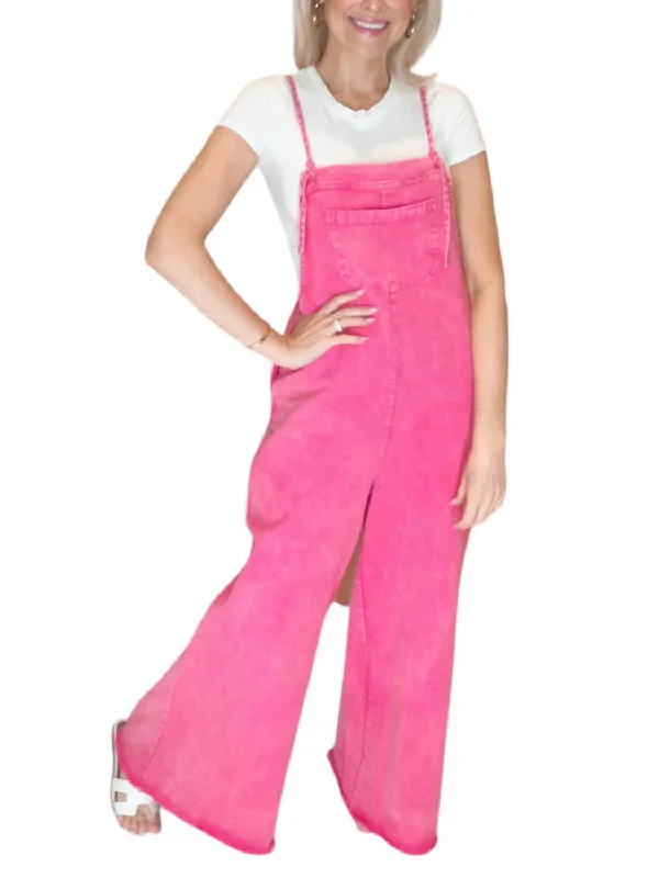 Fashionable Ease Washed Denim Overalls In Pink