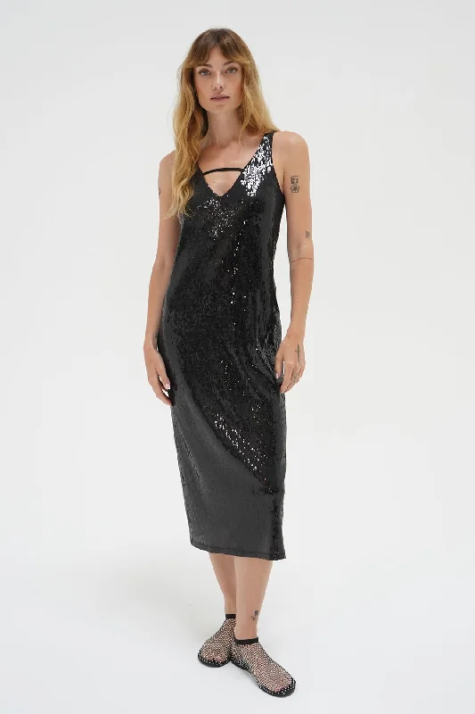Leisure And Entertainment Iman Sequin Slip Dress - Black Sequin