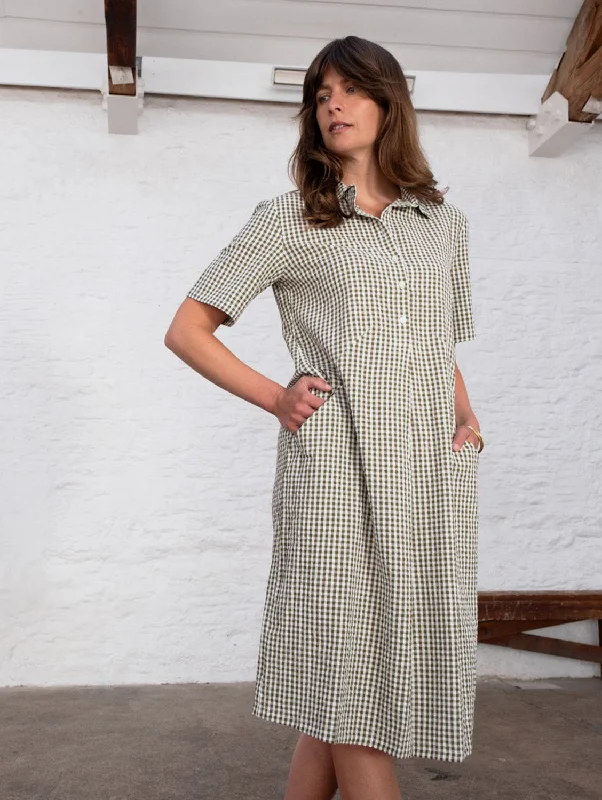 Breezy Style Alexa Women's Cotton Shirt Dress | Green Gingham Check