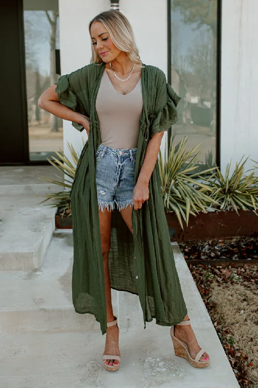 Comfortable Dresses RILEY BUTTON DOWN MAXI KIMONO IN GREEN