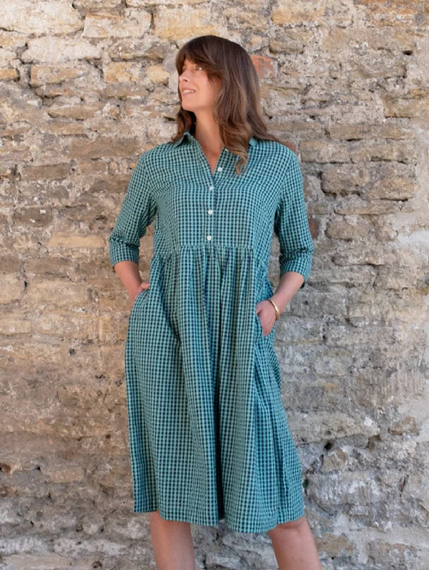 Modern Chic Bea Women's Cotton Shirt Dress | Duck Egg Gingham Check