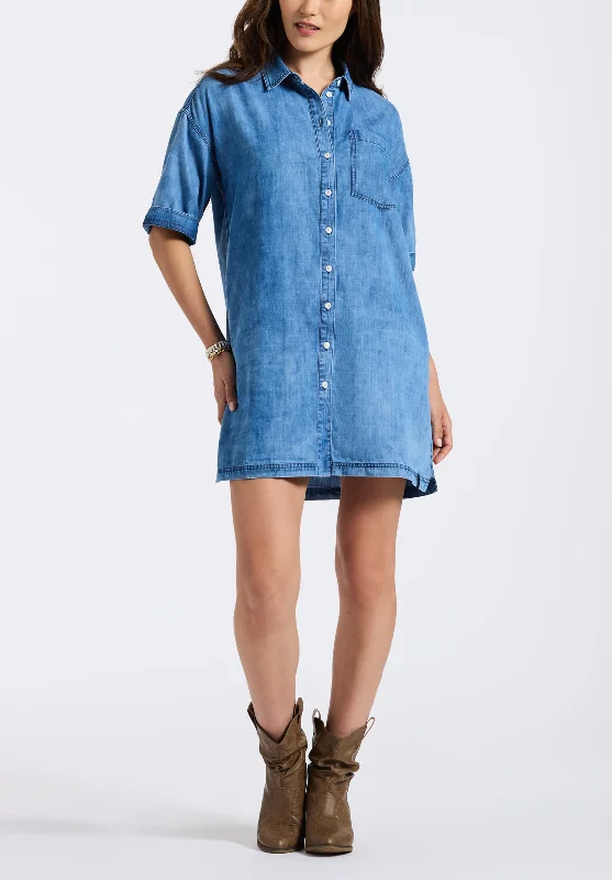 Cool Style Freida Women's Long-Sleeve Button-Up Shirt Dress, Classic Vintage Blue - WD0069P