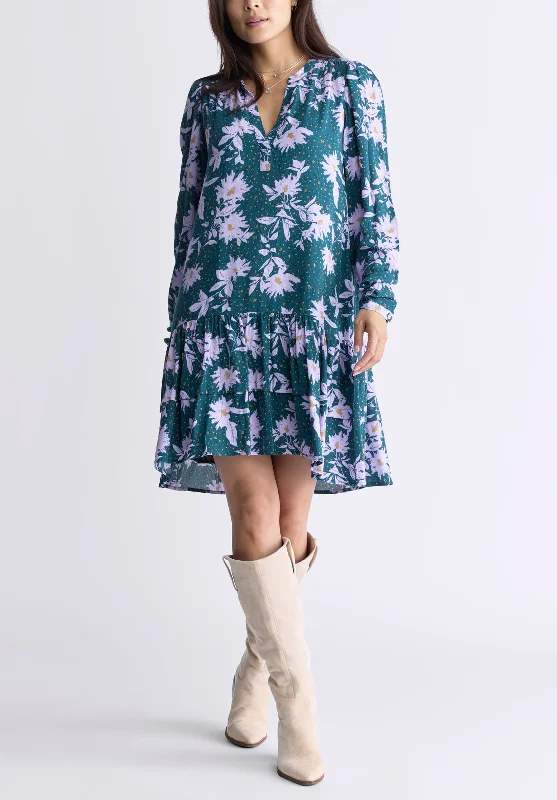 Luxe Comfort Dovie Women's Long-Sleeve Knee-Length Ruffle Dress, Green & Purple Floral - WD0057F