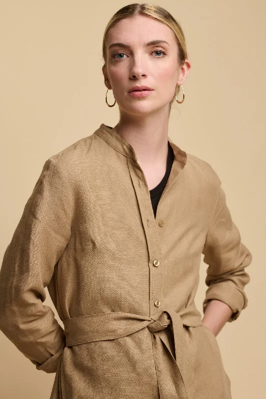 Easygoing Fashion Women's Collarless Shirt Dress - Truffle Linen